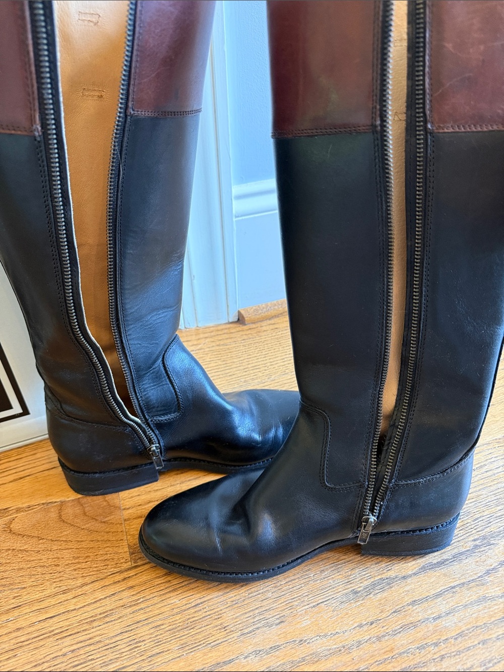 Frye Two-Tone Tall Leather Riding Boot - Black & Chestnut - Picture 4 of 8